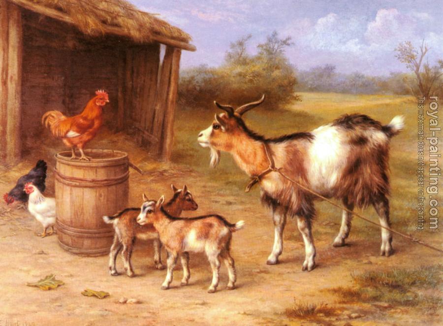 Edgar Hunt : A farmyard Scene With Goats And Chickens